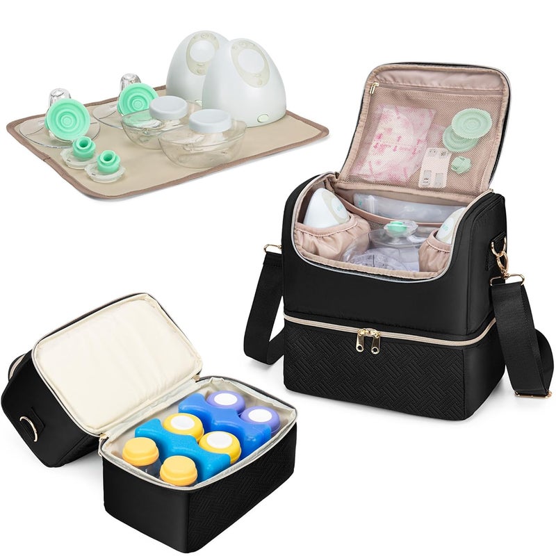 Fasrom Breast Pump Bag with Cooler Compartment Compatible with Momcozy, Medela and Willow Hands Free Pump, Pumping Tote with Waterproof Mat, Black - Image 1
